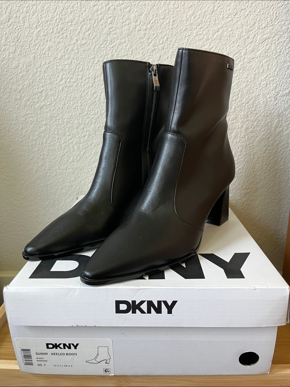 DKNY Black Pointed Toe Ankle Boots with Block Heel